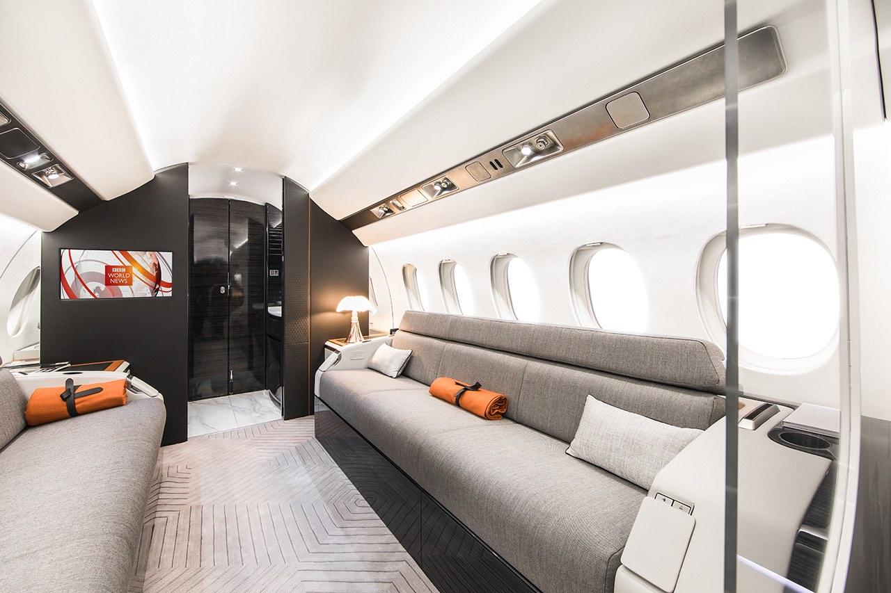 The cabin interior of the Falcon 6X, presented as a mockup