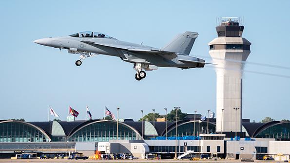 U.S. Navy Block III F/A-18 Super Hornet over Lambert International Airport