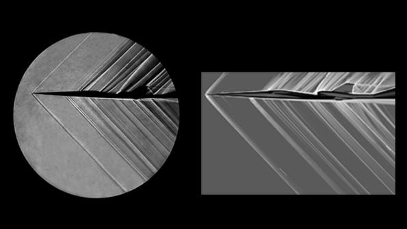 schlieren image of X-59 model at Mach 1.4 in a NASA wind tunnel