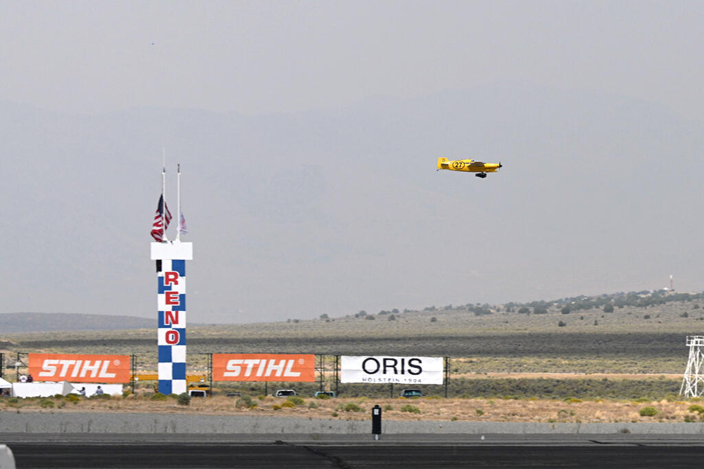 Kent Jackson's plane #27 flying in the Formula One class at the Stihl National Championship Air Races in Reno, Nevada