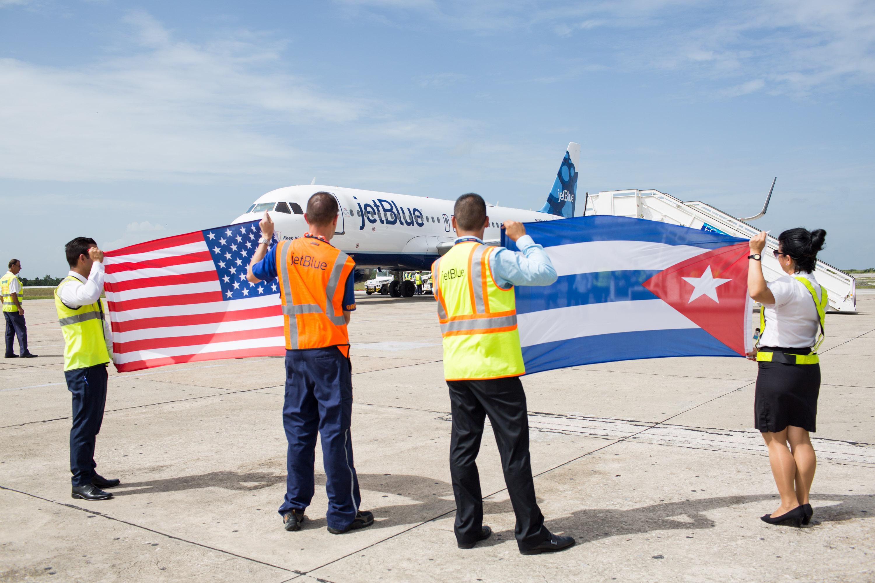 JetBlue Cuba tarmac with flags
