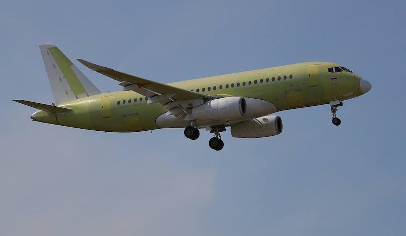 The SJ-100 green prototype during its first flight