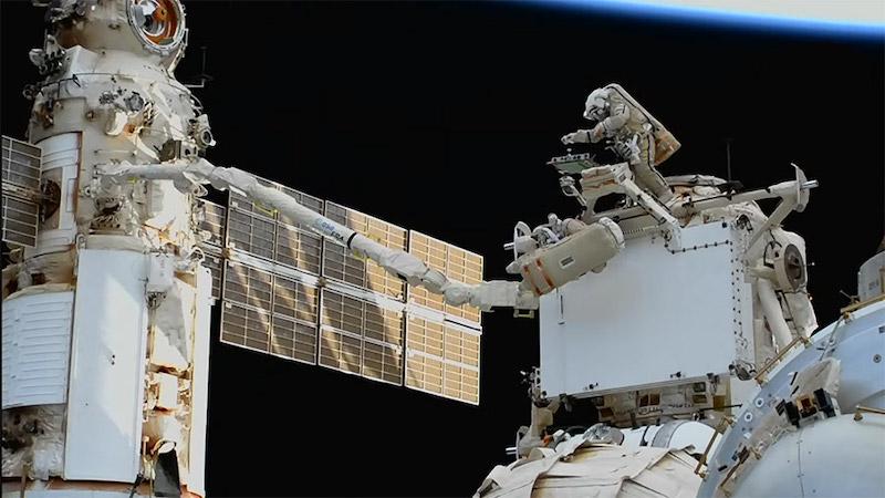 the radiator as it was moved from the Russian Rassvet to Nauka module during an April 18/19 spacewalk by the cosmonaut Sergey Prokopyev and Dmitry Petelin